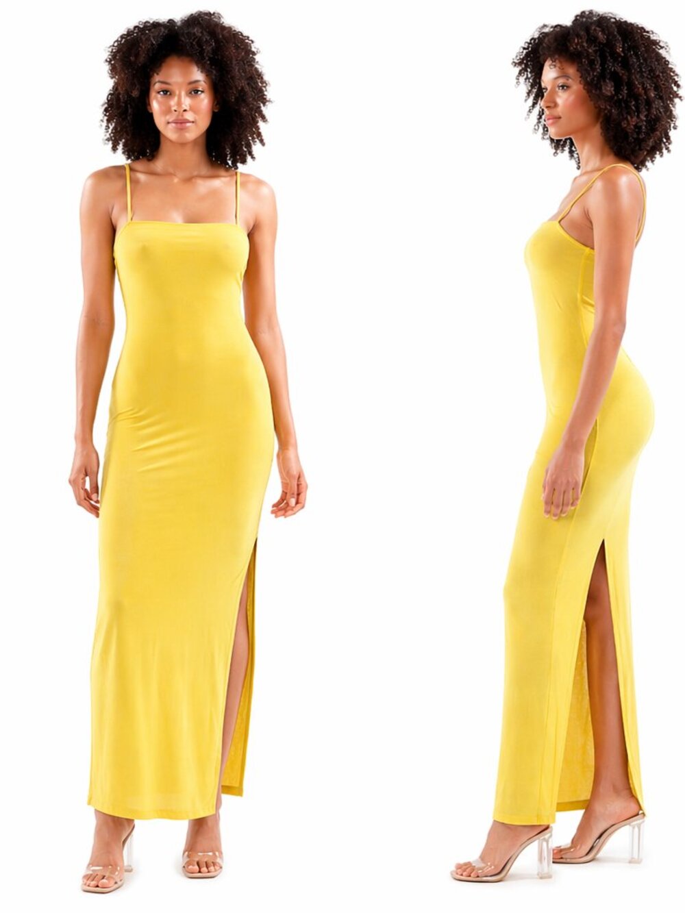 Yellow Bodycon Maxi Dress | Side Slit | Spaghetti Strap 💛